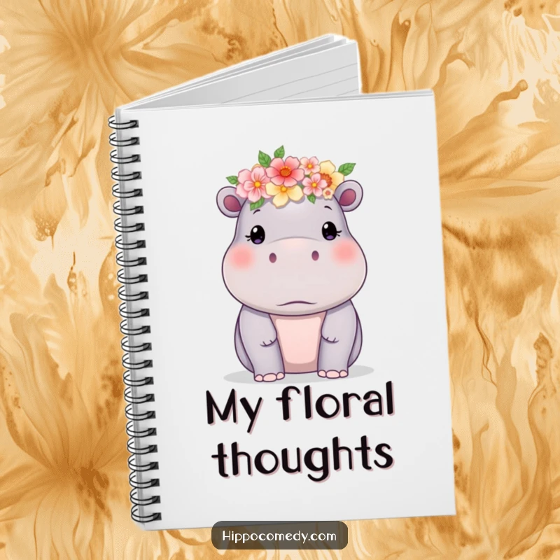 Funny hippo wearing a delicate flower crown on a notebook, perfect for jotting down sweet and funny thoughts.