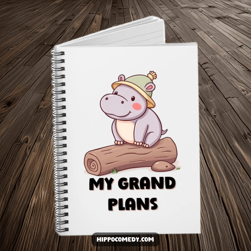 Funny Hippo Hat Notebook featuring a kawaii hippopotamus in a hat, balancing on a log, ideal for journaling and creative writing.