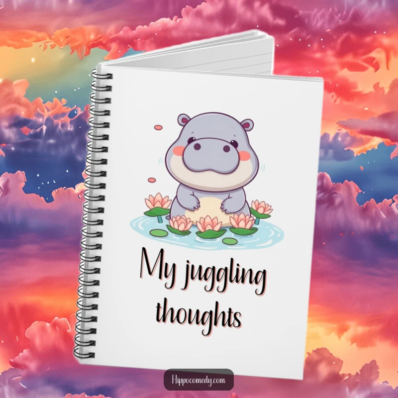 Funny kawaii hippo notebook featuring a cute hippo playfully juggling water lilies with its snout, inspiring playful notes.