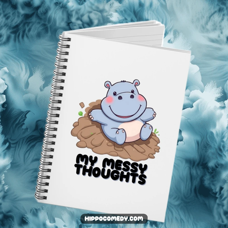 Funny Hippo Notebook: A happy cartoon hippo with a big grin slides down a muddy hill, embodying pure delight.