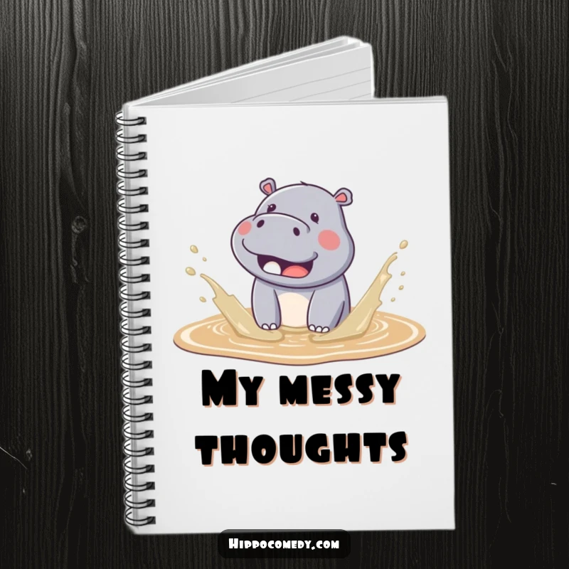 Funny kawaii hippo notebook featuring a cute hippo splashing in mud, inspiring joyful note-taking.