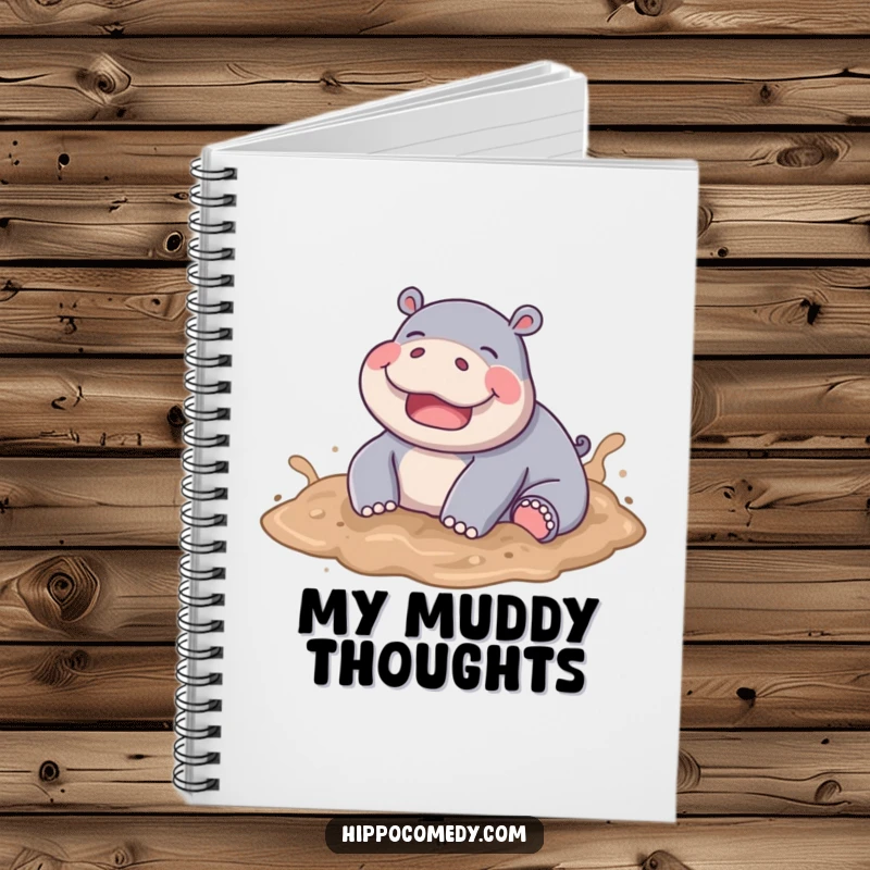 Funny Hippo Mud Notebook, a joyful hippo playfully rolling in soft brown mud, perfect for jotting ideas.
