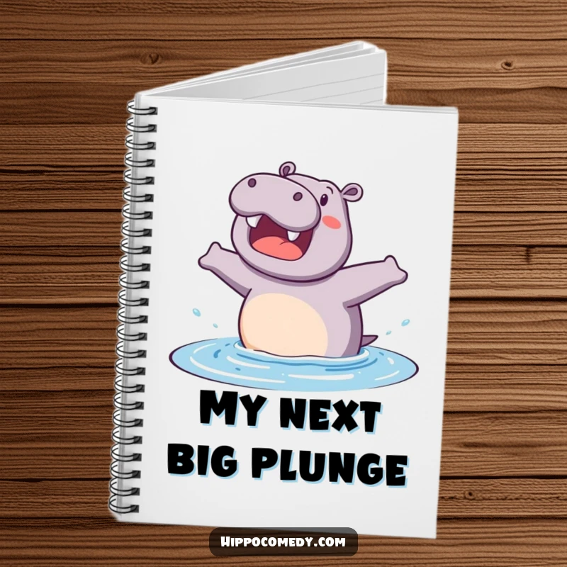 Funny notebook with an excited hippopotamus anticipating a jump into water, ideal for note-taking with a humorous and energetic touch.