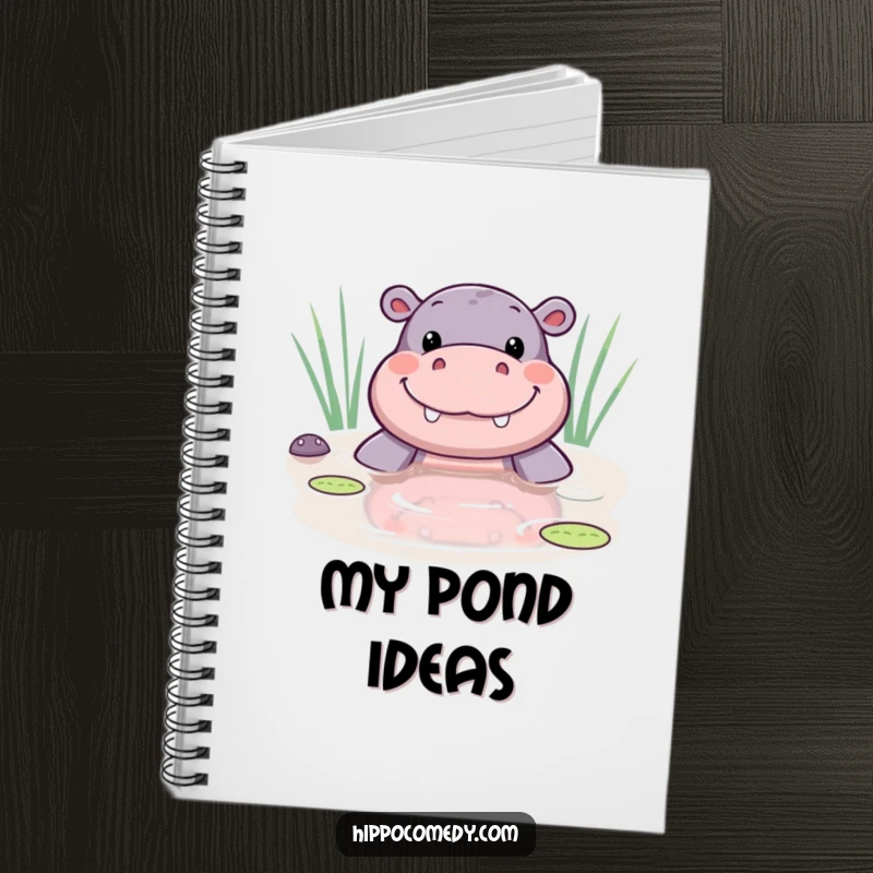 Funny kawaii hippo notebook featuring a cute hippo peeking from a pond with a wide smile, inspiring happy notes.