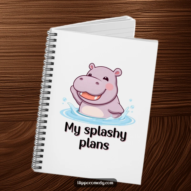 Funny kawaii hippopotamus joyfully splashing in cool water with a happy grin, inside a cute notebook for writing.