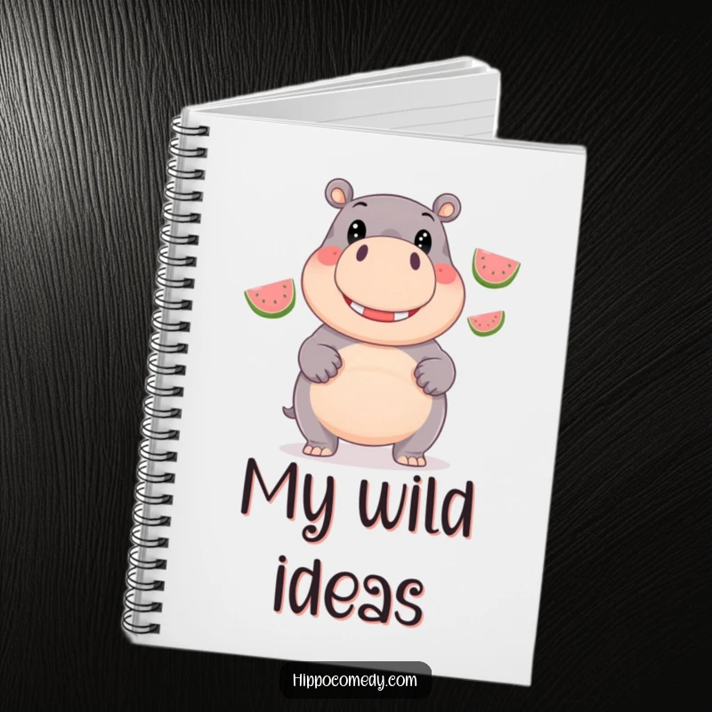 Funny Notebook: Cover features a giggling hippopotamus juggling three shiny watermelons with happy eyes.