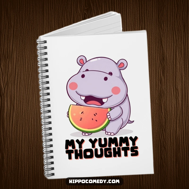 Funny Hippo Fruit Notebook featuring a kawaii hippopotamus with a joyful expression, eating a large fruit, ideal for notes and creative writing.
