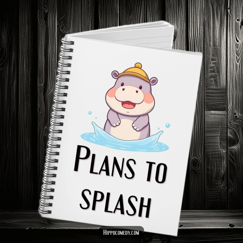 Funny notebook featuring a kawaii hippopotamus in a tiny hat, joyfully splashing water, perfect for note-taking.
