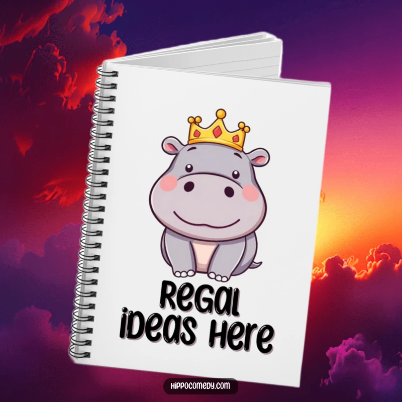 Funny Hippo Crown Notebook: A silly cartoon hippo wears a tiny crown, looking very pleased and regal, ready to record thoughts.