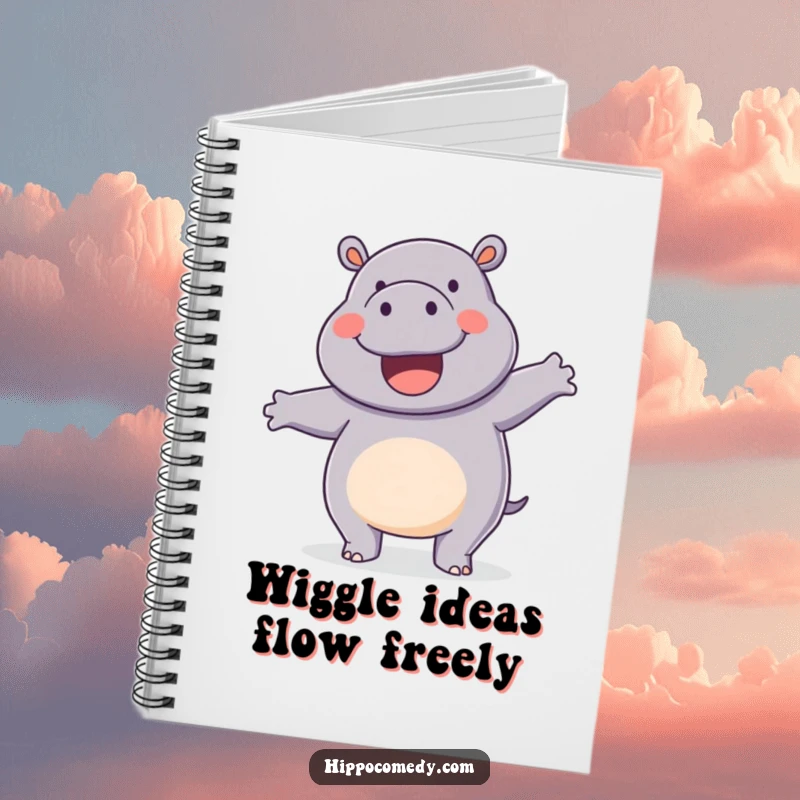 Funny notebook with a happy hippopotamus doing a silly wiggle dance on the cover, perfect for writing.