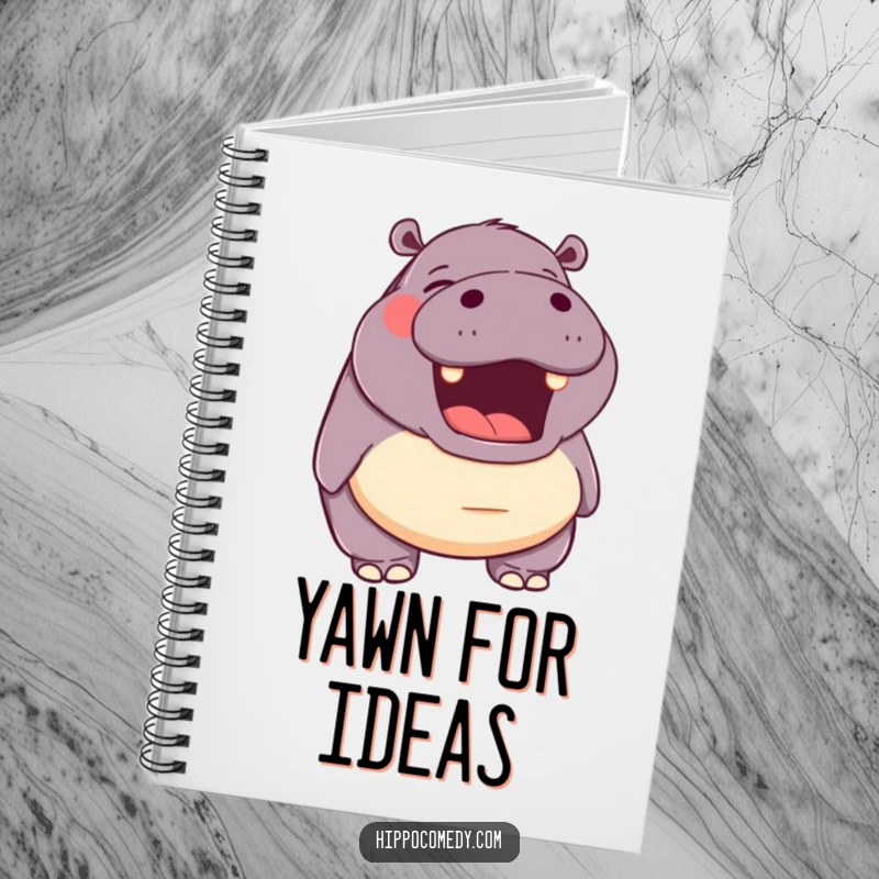 Funny notebook with a hippopotamus with its mouth open in a happy yawn, ideal for journaling and jotting down calm thoughts.