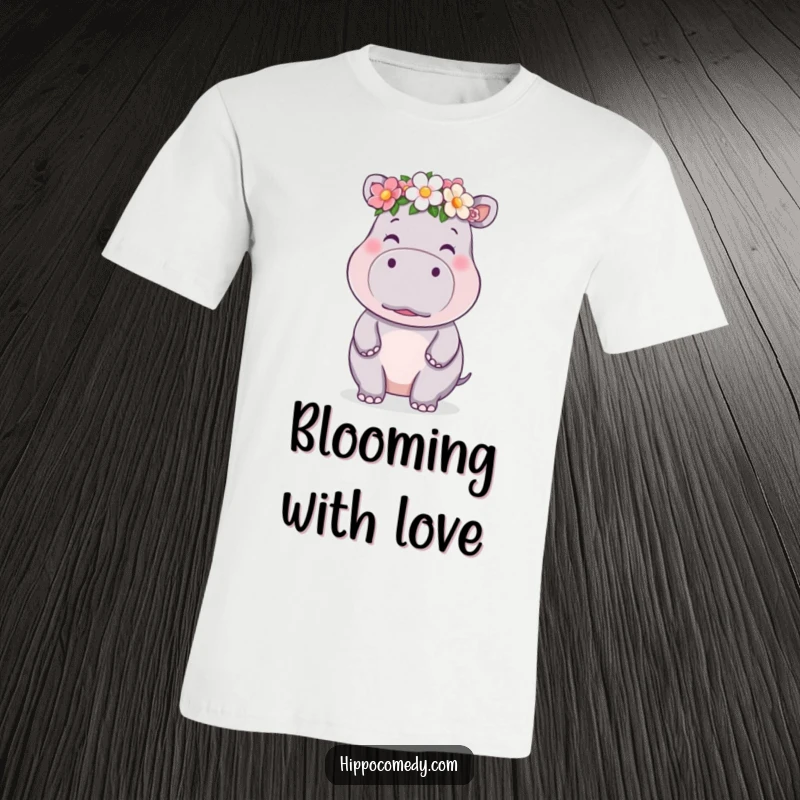 Funny kawaii hippo t-shirt with a cute hippo wearing a flower crown and blowing a kiss, looking absolutely charming.