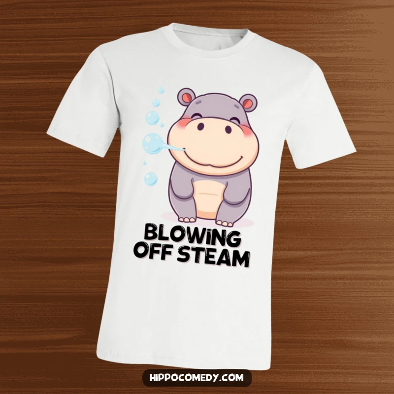 Funny Bubble-Blowing Hippo T-Shirt, a smiling hippo gently blowing a stream of colorful bubbles.