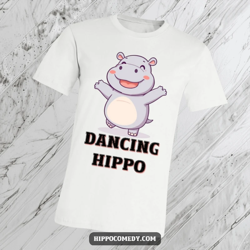 Funny t-shirt with a joyful hippo dancing with wiggling feet, perfect for humorous animal lovers and dance enthusiasts.