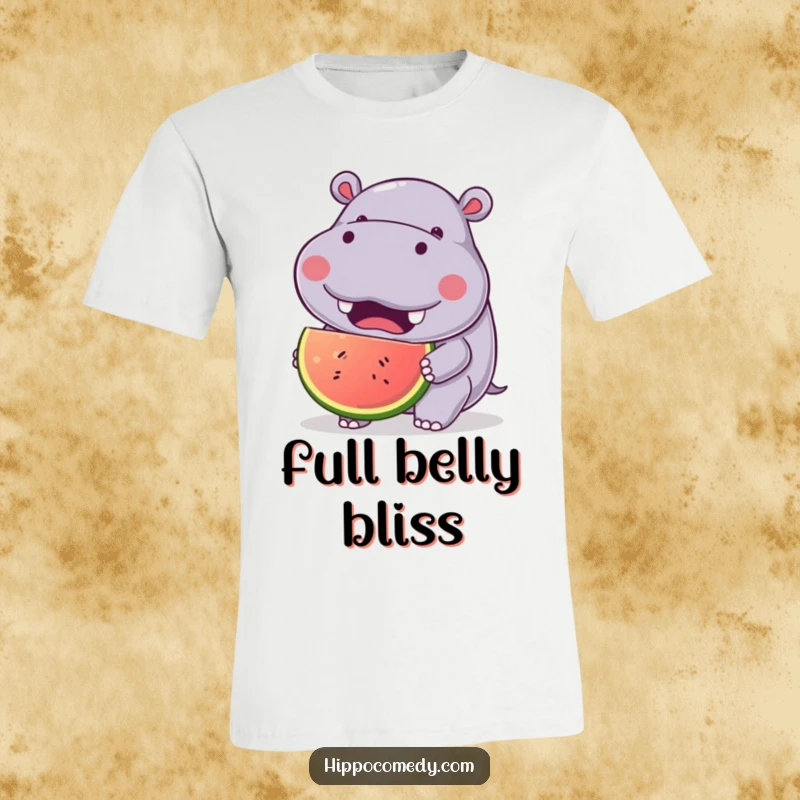 Funny Happy Hippo T-Shirt displaying a cute kawaii hippopotamus with a joyful expression, happily eating a large fruit, a fun graphic tee.