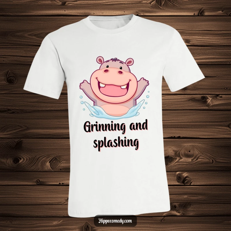 Funny t-shirt graphic of a chubby hippo with a wide, toothy grin, enthusiastically splashing water with infectious energy.