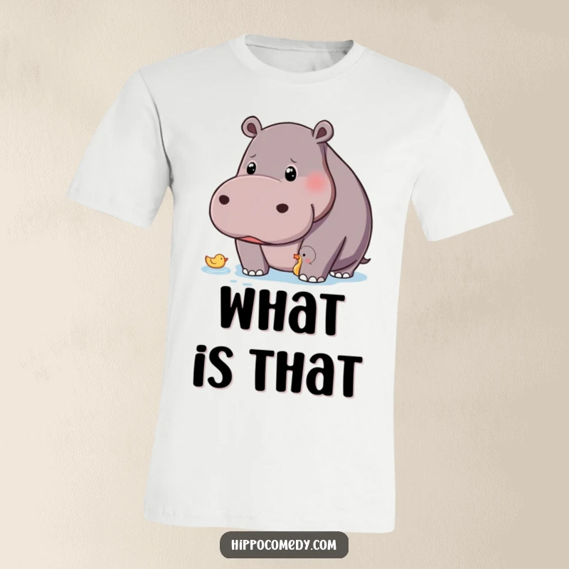 Funny hippo with a curious gaze watching a tiny floating duck, printed on a soft t-shirt.