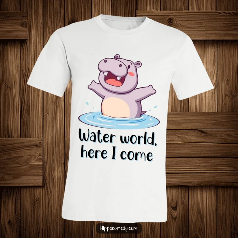 Funny t-shirt with a happy hippopotamus leaping joyfully into water, conveying pure excitement and playful energy for a great gift.