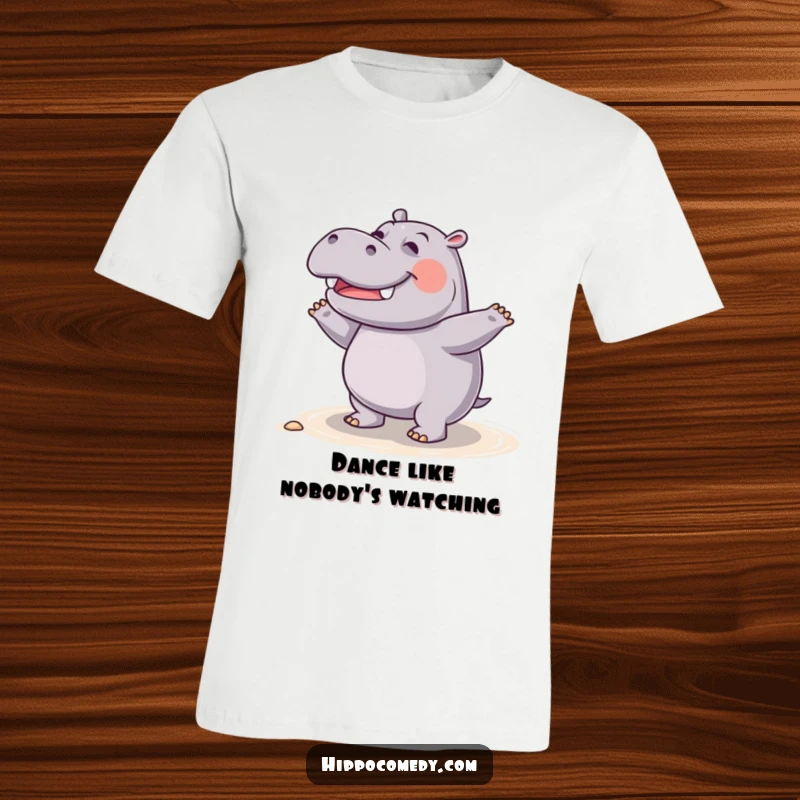 Funny giggling hippo t-shirt, captured mid-dance on the shore, with a joyful expression and playful body movements.