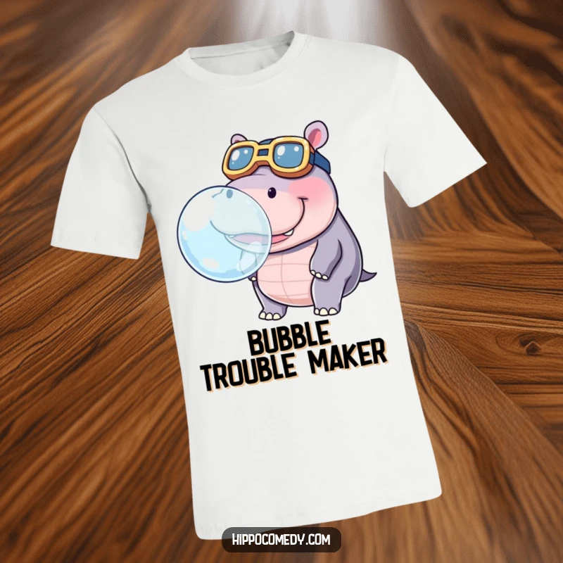 Funny t-shirt depicting a kawaii hippopotamus wearing large goggles, blowing an impressively large bubble with concentration.