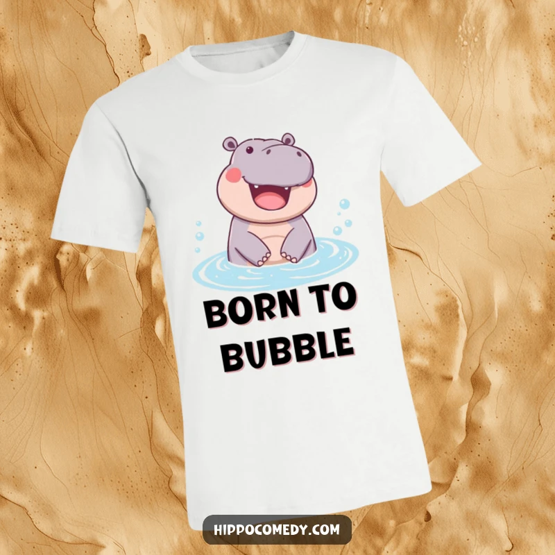 Funny t-shirt depicting a hippopotamus joyfully emerging from a bubbly pool, conveying pure happiness and refreshment.