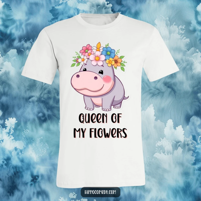 Funny hippo t-shirt, wearing a magnificent crown of flowers with a proud and regal expression.