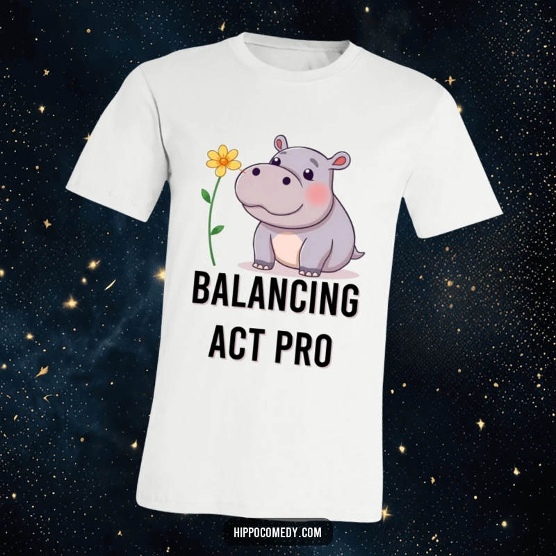 Funny T-Shirt: A playful hippopotamus delicately balancing a flower on its nose, demonstrating focus and cuteness.