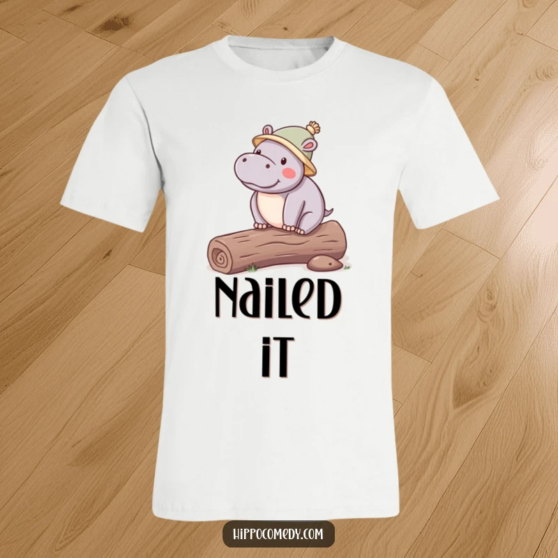 Funny Hippo Hat T-Shirt with a kawaii hippopotamus sporting a tiny hat and expertly balancing on a log, a hilarious graphic tee.