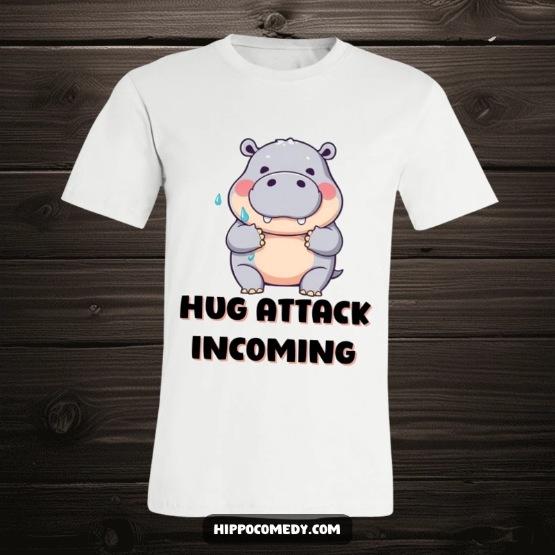 Funny t-shirt depicting a friendly hippopotamus giving a large, wet hug gesture, conveying warmth and humor for a great gift.