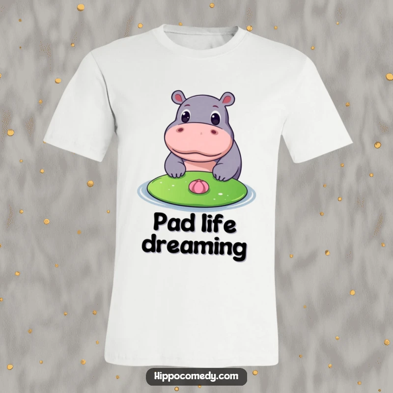 Funny t-shirt depicting a hippopotamus with wide, curious eyes gazing at a floating lily pad, highlighting a moment of peaceful observation.