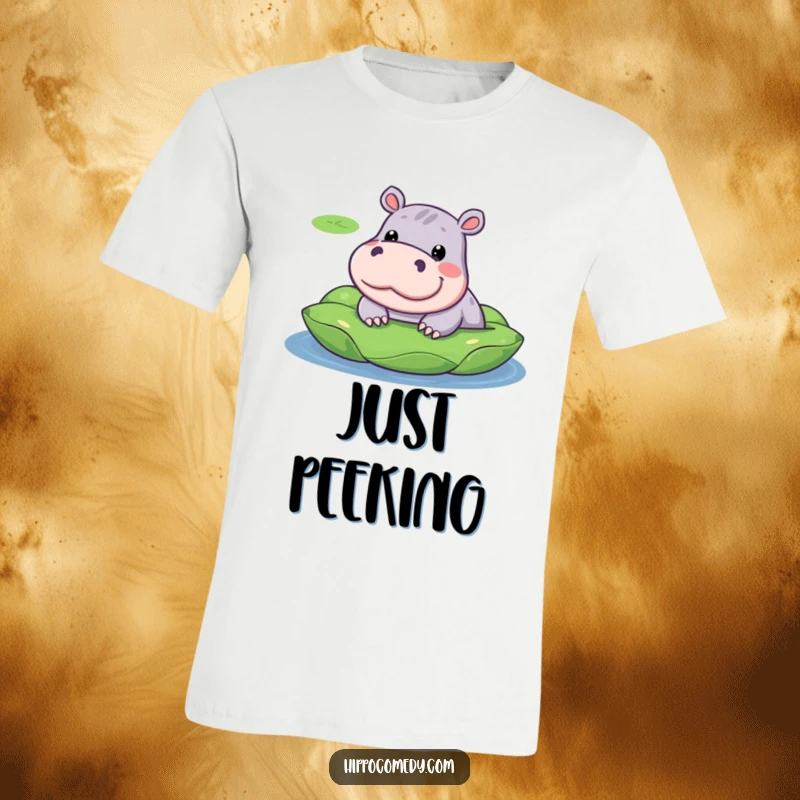 Funny t-shirt graphic of a cute, kawaii hippopotamus with a silly grin, peeking out from behind a lush, green lily pad.