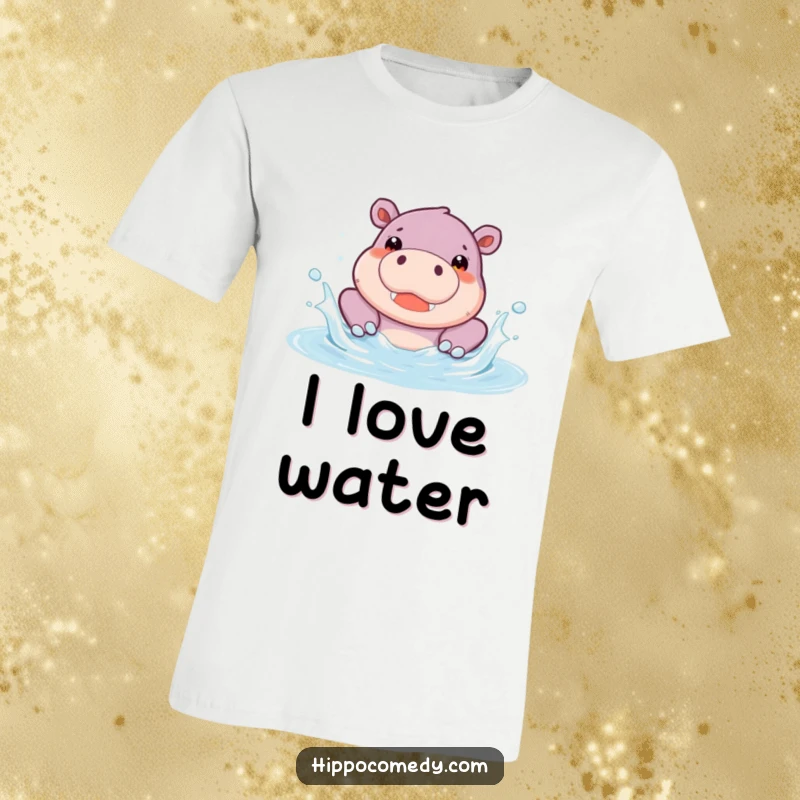 Funny Hippo Pool T-Shirt featuring a cute hippopotamus character splashing joyfully in a pool. Humorous and fun animal apparel, ideal for casual wear.