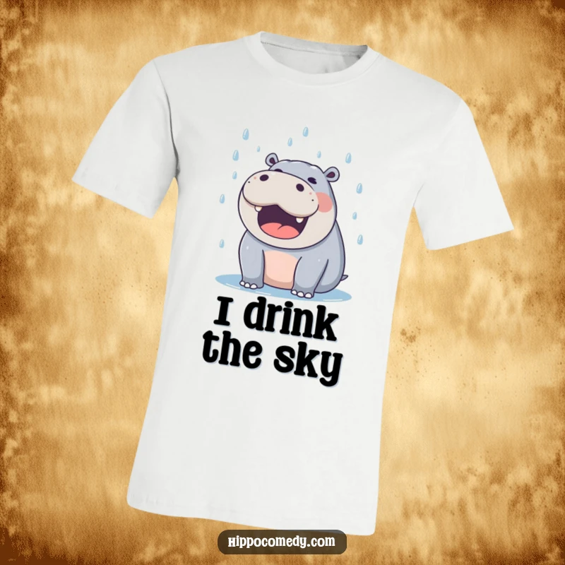 Funny hippo t-shirt illustrating a delighted hippo with mouth open, happily catching falling raindrops.