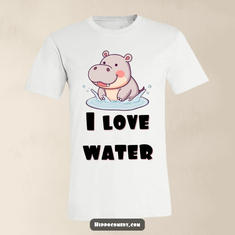 Funny Hippo Splashing T-Shirt: Features a cute hippopotamus joyfully splashing water, perfect for a funny, playful look.