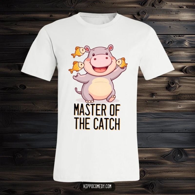 Funny happy hippo t-shirt depicting a smiling hippopotamus expertly juggling three small fish, showcasing incredible skill and cheerful delight.