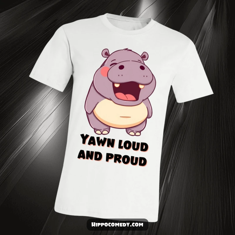 Funny t-shirt depicting a hippopotamus with its mouth open in a happy yawn, conveying a sense of peace and contentment.
