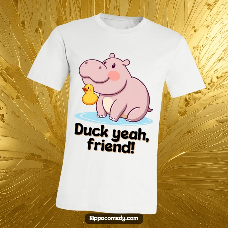 Funny kawaii hippopotamus looking with delight at a floating rubber ducky on a t-shirt, showcasing adorable fascination.