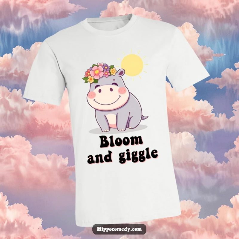 Funny kawaii hippopotamus with a flower crown, giggling under the sun, printed on a t-shirt for cheerful humor.