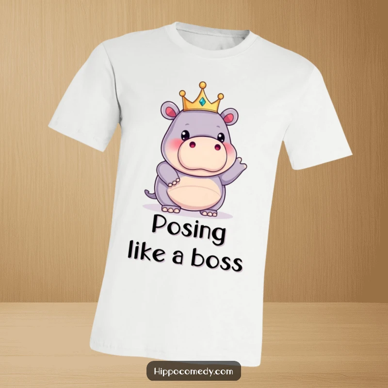 Funny kawaii hippopotamus wearing a tiny crown, striking a comical pose on a t-shirt, looking hilariously majestic.
