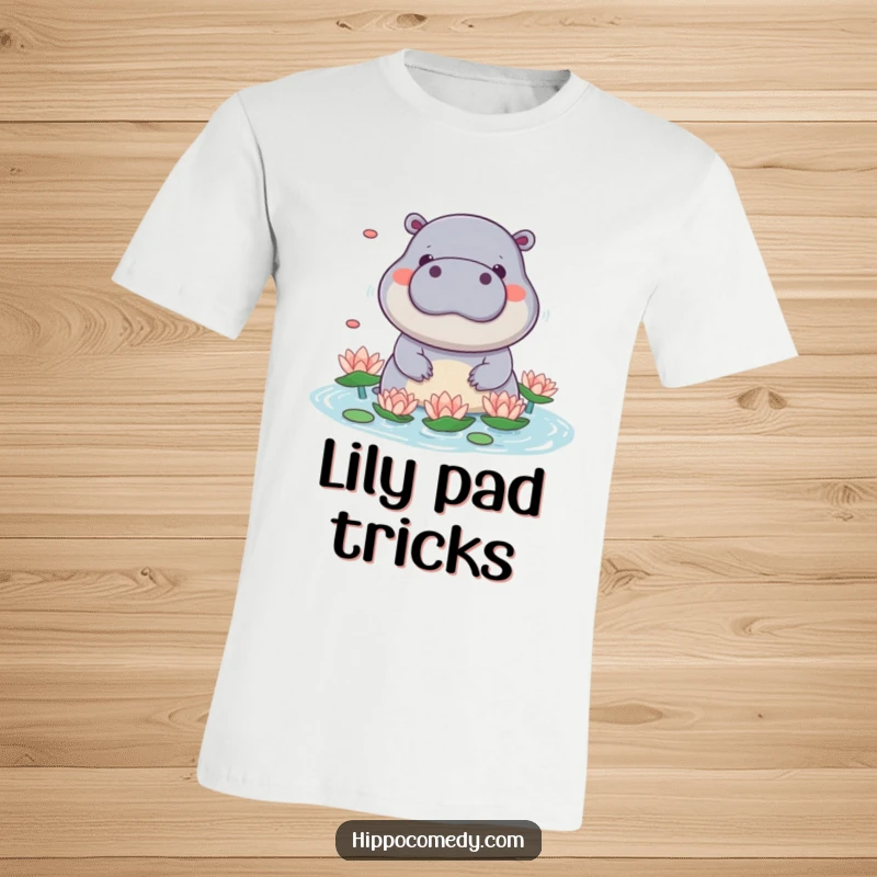 Funny kawaii hippo t-shirt with a cute hippo playfully juggling water lilies with its snout, showcasing adorable skill.