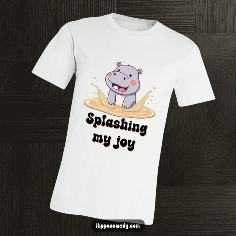 Funny kawaii hippo t-shirt featuring an adorable hippo happily splashing in a mud puddle, water flying in a cute way.