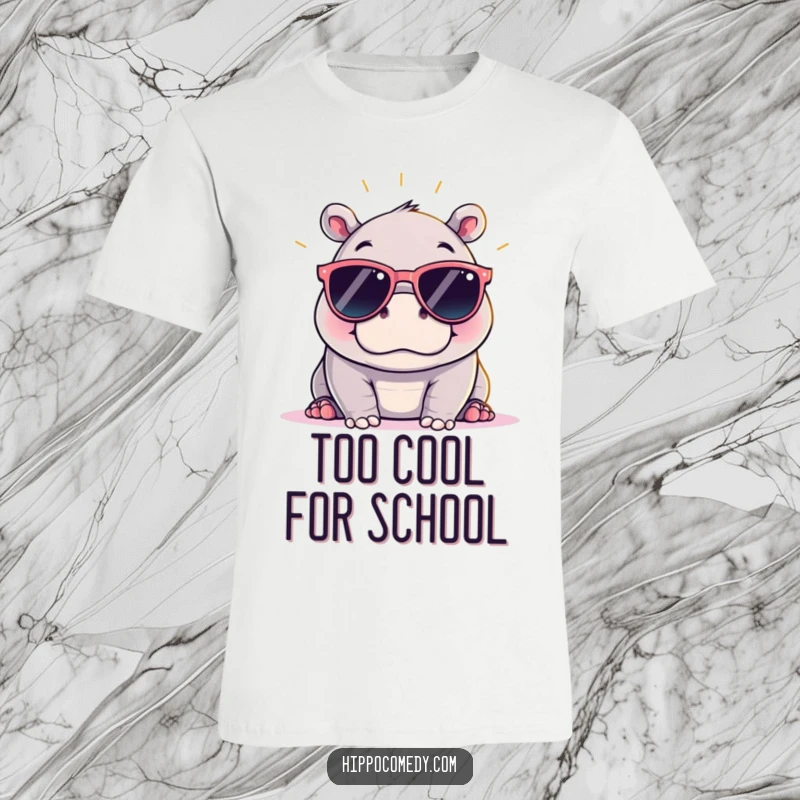 Funny kawaii hippopotamus wearing oversized sunglasses, enjoying sunshine, on a comfortable t-shirt, perfect for summer fun.