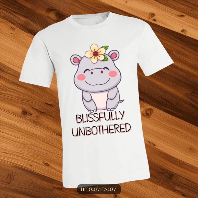 Funny Kawaii Hippo T-Shirt showcasing a cute, content hippopotamus crowned with a delicate flower, looking absolutely blissful.