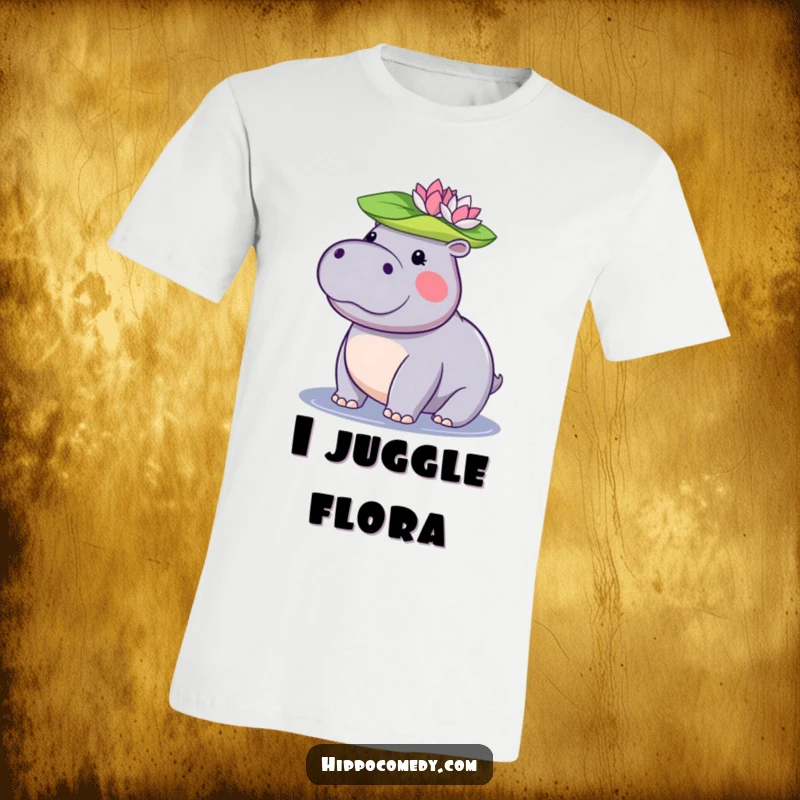 Funny kawaii hippopotamus t-shirt showing a cute hippo balancing a lily pad on its head, perfect for animal lovers.