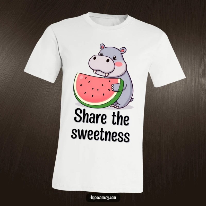 Funny t-shirt featuring a kawaii hippopotamus holding a giant slice of watermelon, embodying cuteness and humor for a great gift.