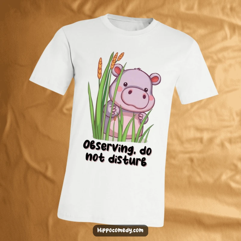 Funny t-shirt featuring a little hippopotamus shyly peeking from behind reeds, creating a charming and humorous effect.