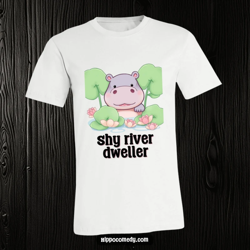 Funny hippo blushing shyly while peeking from behind lily pads on a comfortable t-shirt.