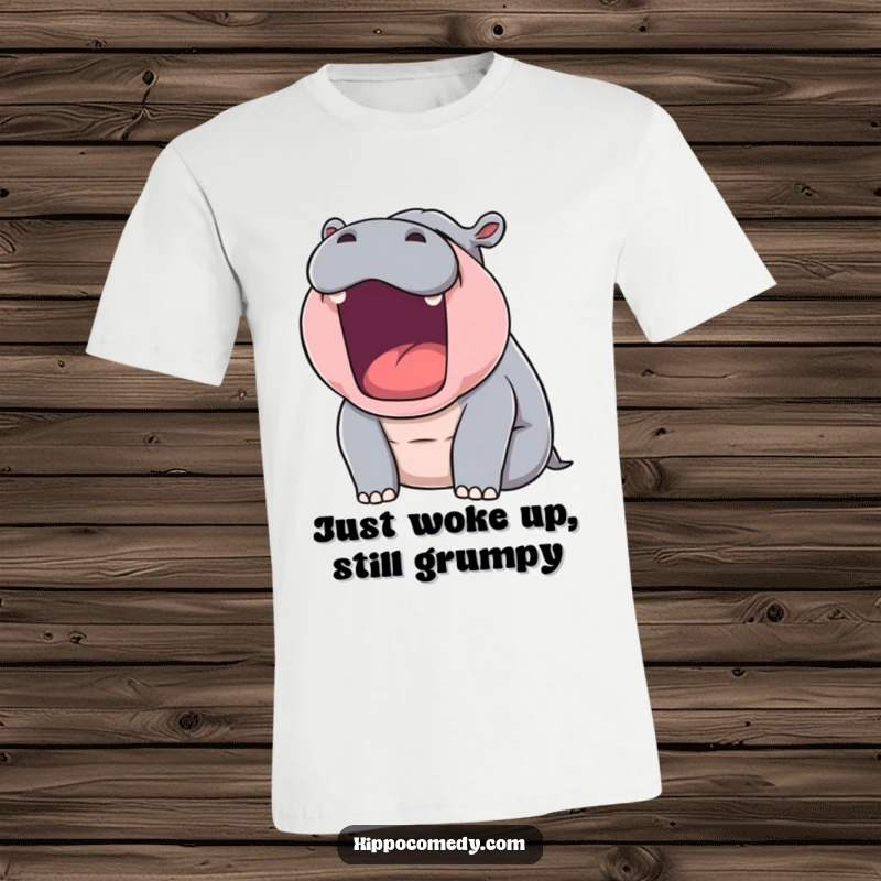 Funny t-shirt showing a massive yawn from a sleepy hippopotamus, a comforting and humorous gift for relaxation.