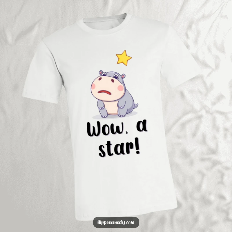 Funny t-shirt with a surprised hippo watching a sparkling star, perfect for humorous wonder and celestial appreciation.