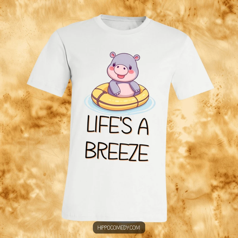 Funny tiny hippo t-shirt, looking utterly content while floating on a small toy raft in calm waters.